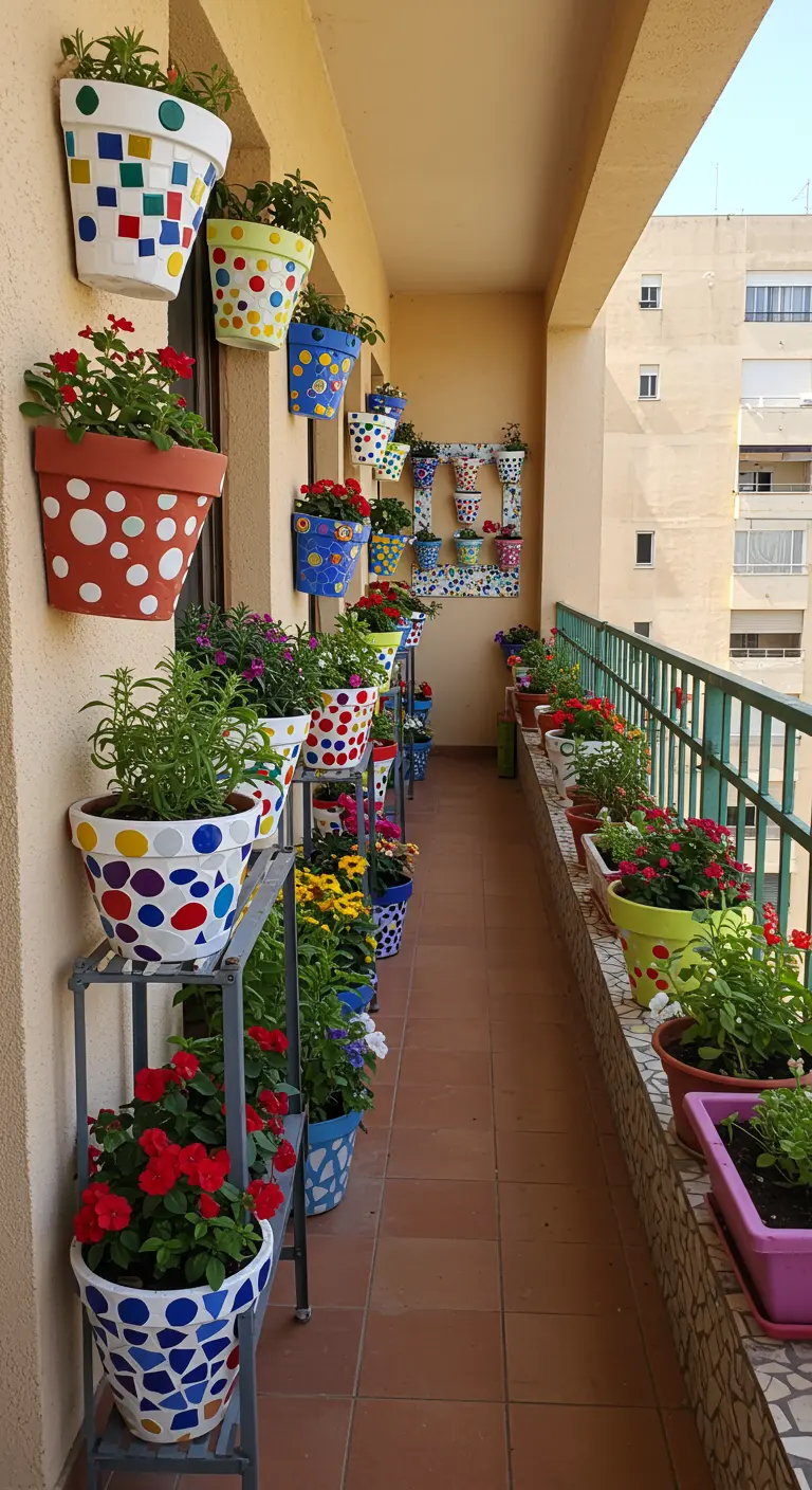 Long balcon étroit avec des pots muraux et sur étagères peints et en mosaïque, multicolores et variés.