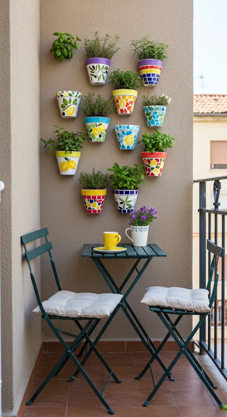 Petit balcon avec pots mosaïque muraux décorés de citrons et d'herbes, ensemble bistro vert.