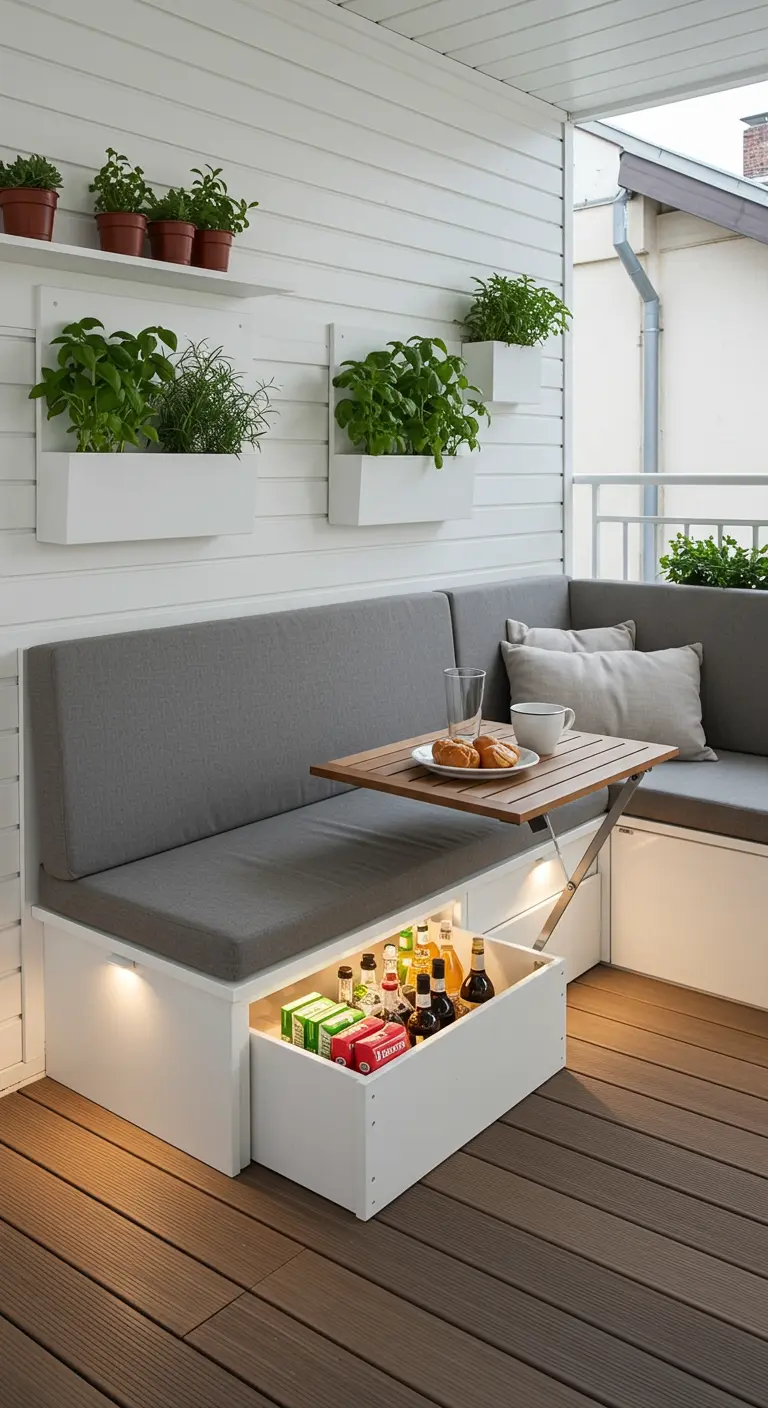 Balcon pratique avec banquette blanche à rangement intégré, table pliante et jardinières murales pour les herbes.
