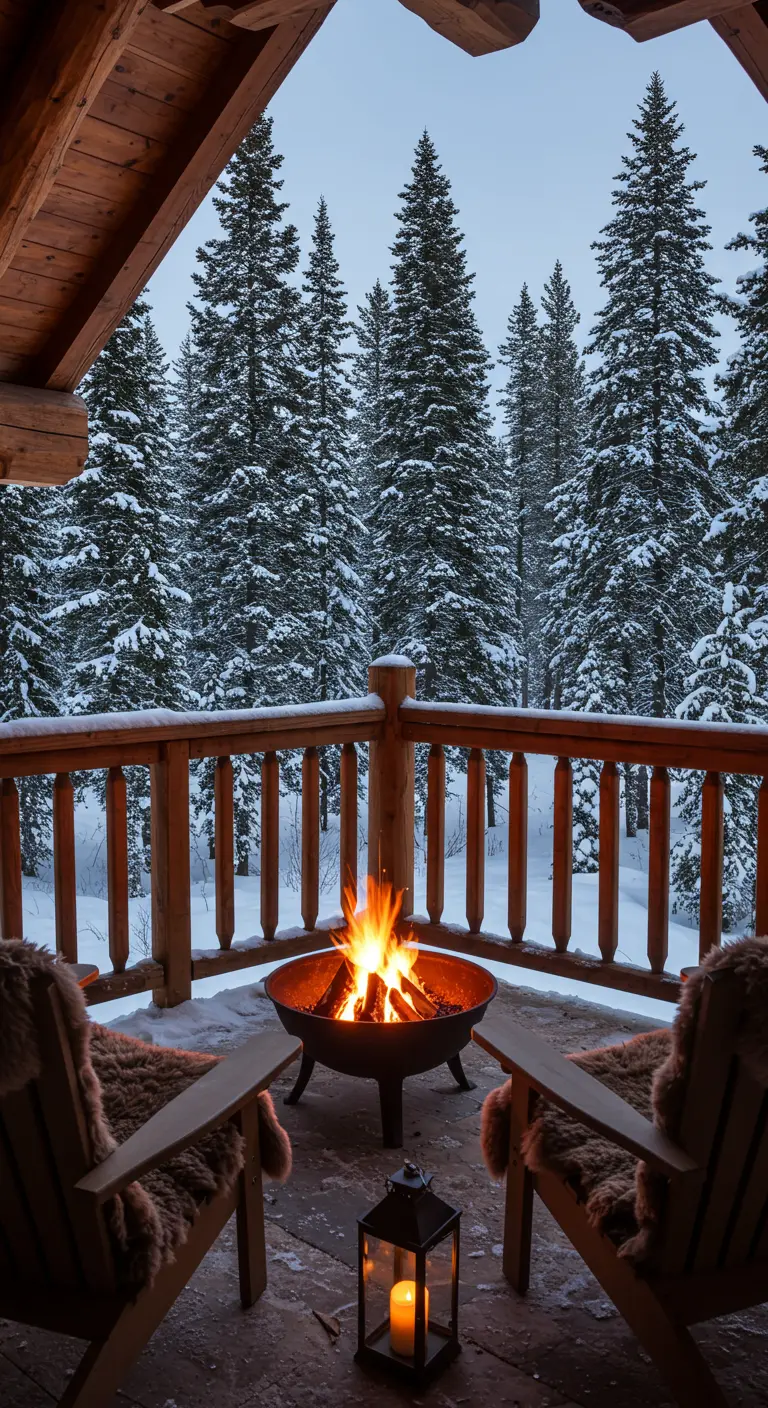 Balcon en bois avec brasero, chaises en fausse fourrure, lanterne et sapins enneigés en arrière-plan.