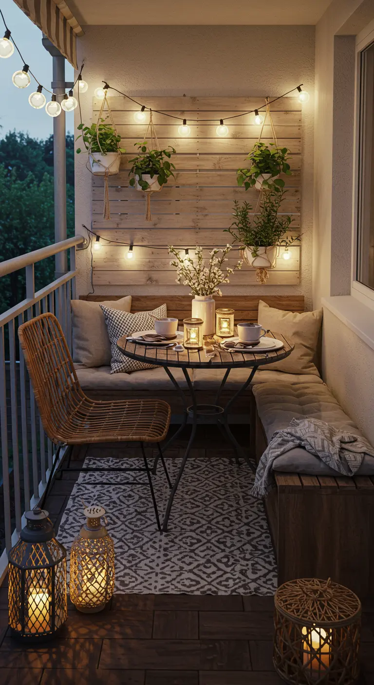 Balcon intimiste avec banquette d'angle, table ronde, plantes suspendues et lanternes.