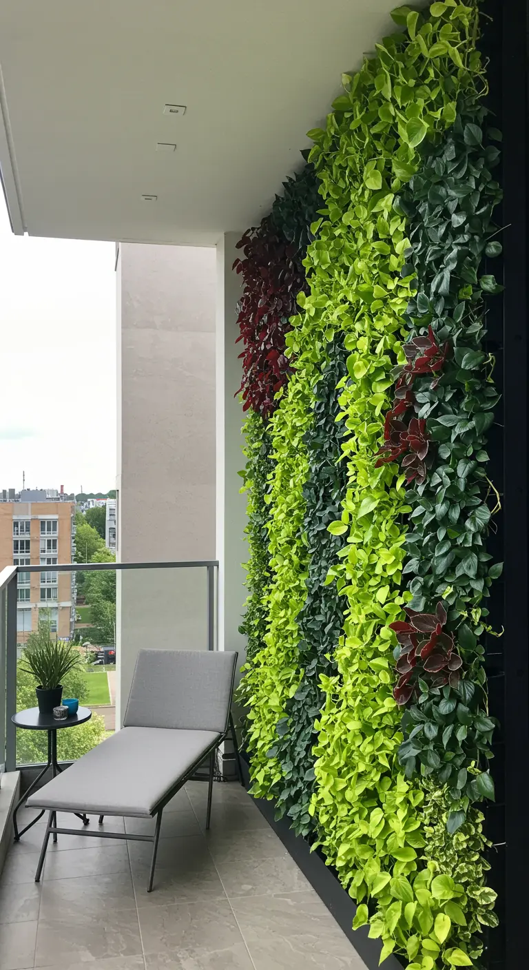 Mur végétal vertical sur un balcon avec des bandes de plantes vertes, vert clair et rouges.