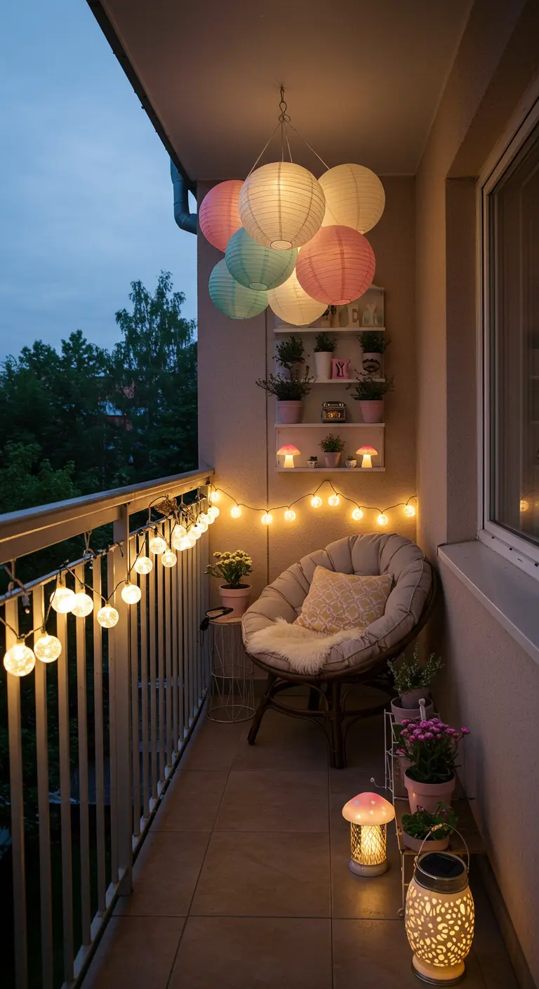 Balcon cosy avec lampions pastel, fauteuil en rotin, guirlande lumineuse et plantes.