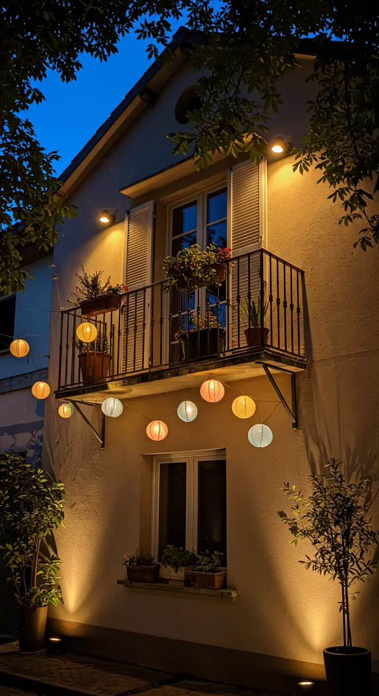 Balcon fleuri avec des lampions colorés suspendus et des projecteurs muraux éclairant les plantes.