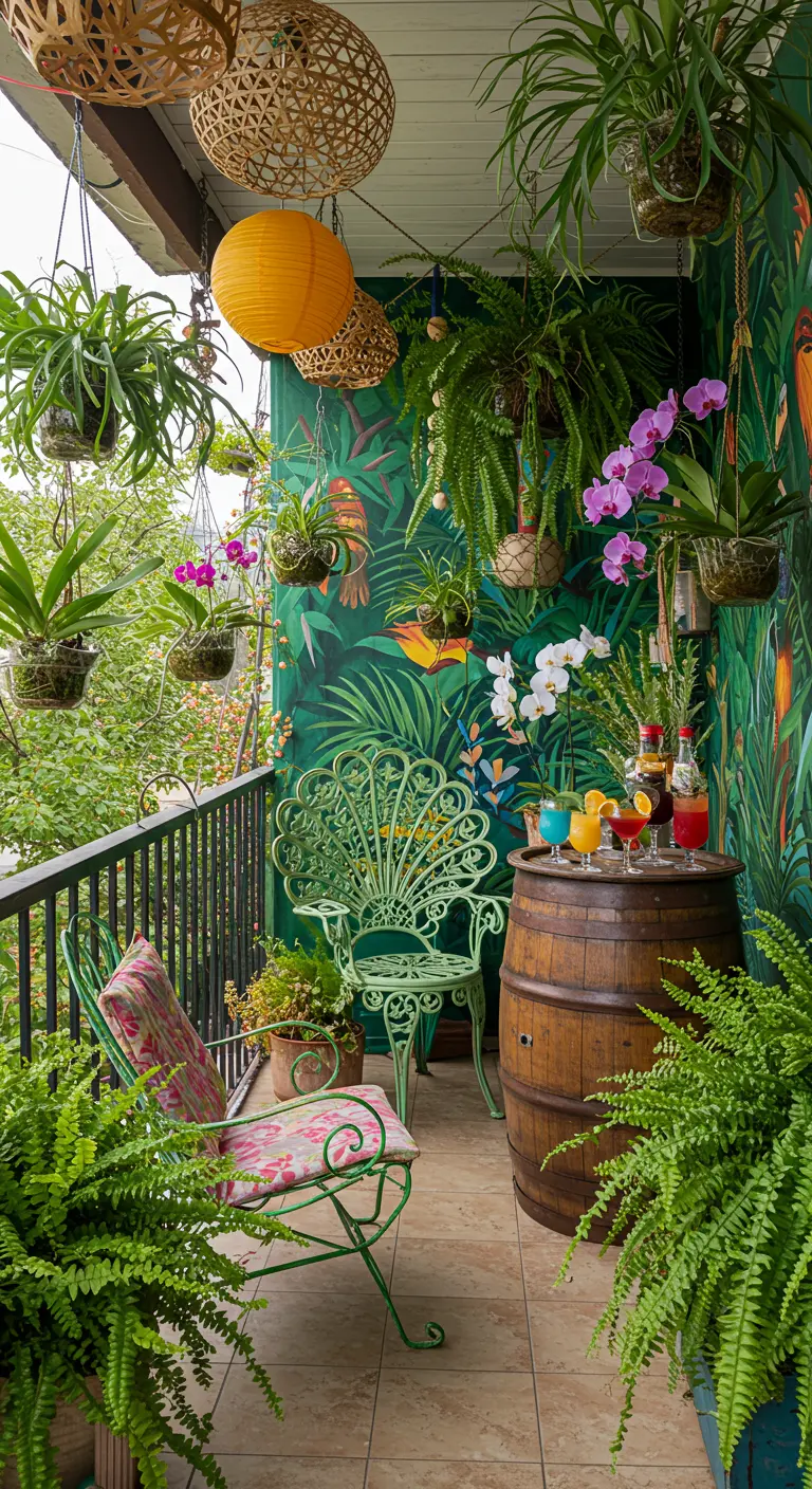 Balcon avec mur peint tropical, chaises vertes, tonneau bar et orchidées suspendues.