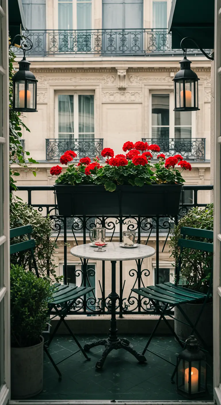 Balcon parisien avec jardinières en fer forgé remplies de géraniums rouges, table et chaises