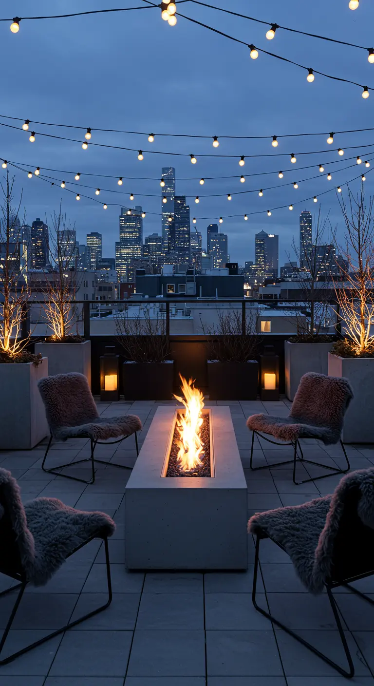 Terrasse urbaine avec brasero moderne, chaises en fausse fourrure, guirlandes et vue sur la ville enneigée.