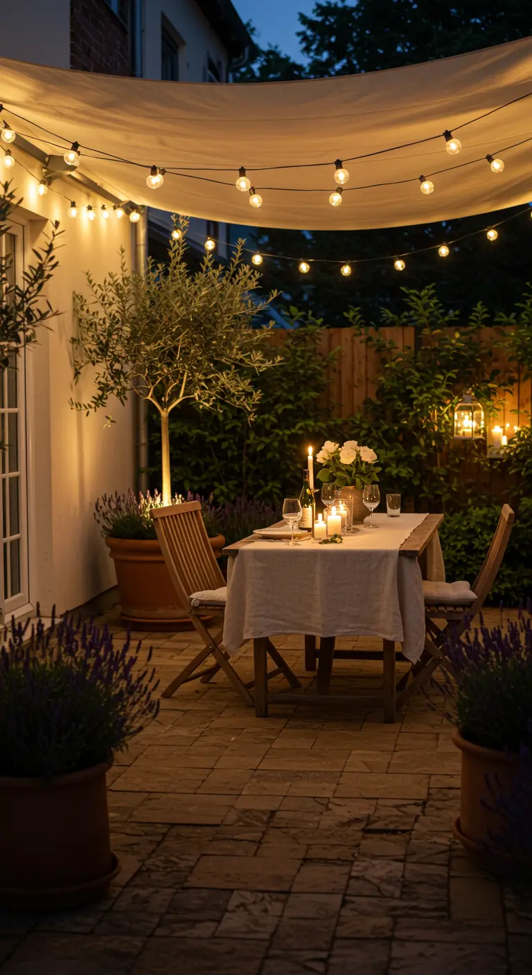 Terrasse romantique avec guirlandes lumineuses, table dressée et pots de lavande sous un baldaquin.