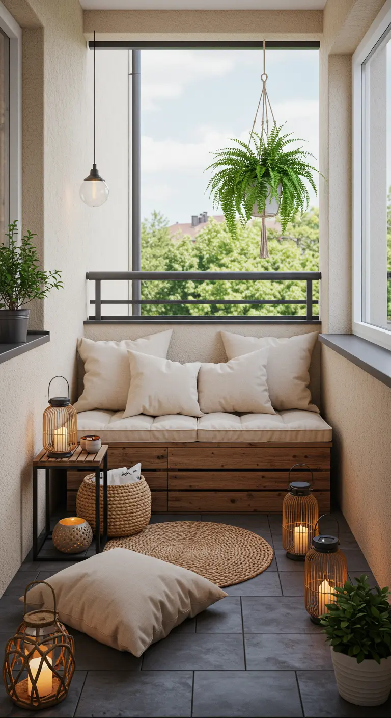 Petit balcon avec banc coffre en bois, coussins écru et lanternes variées au sol.