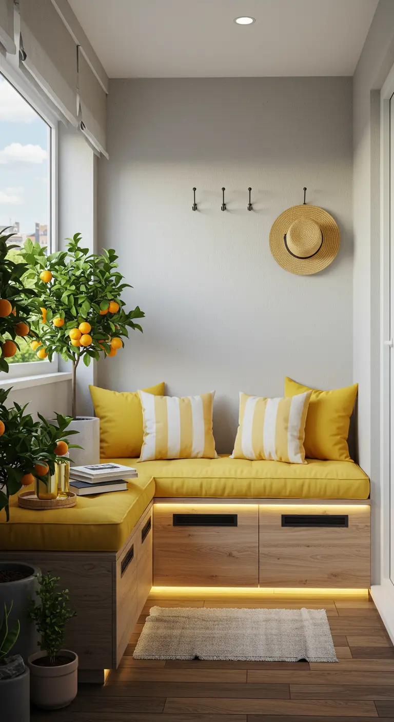 Balcon ensoleillé avec banc d'angle intégré jaune, coussins rayés, orangers en pot et éclairage discret.
