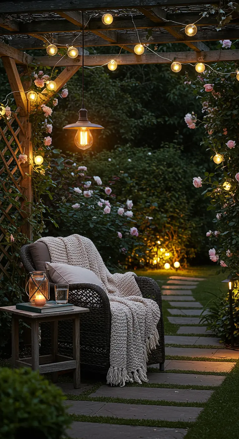 Coin lecture romantique dans un jardin avec fauteuil, plaid, guirlandes lumineuses et lanternes.