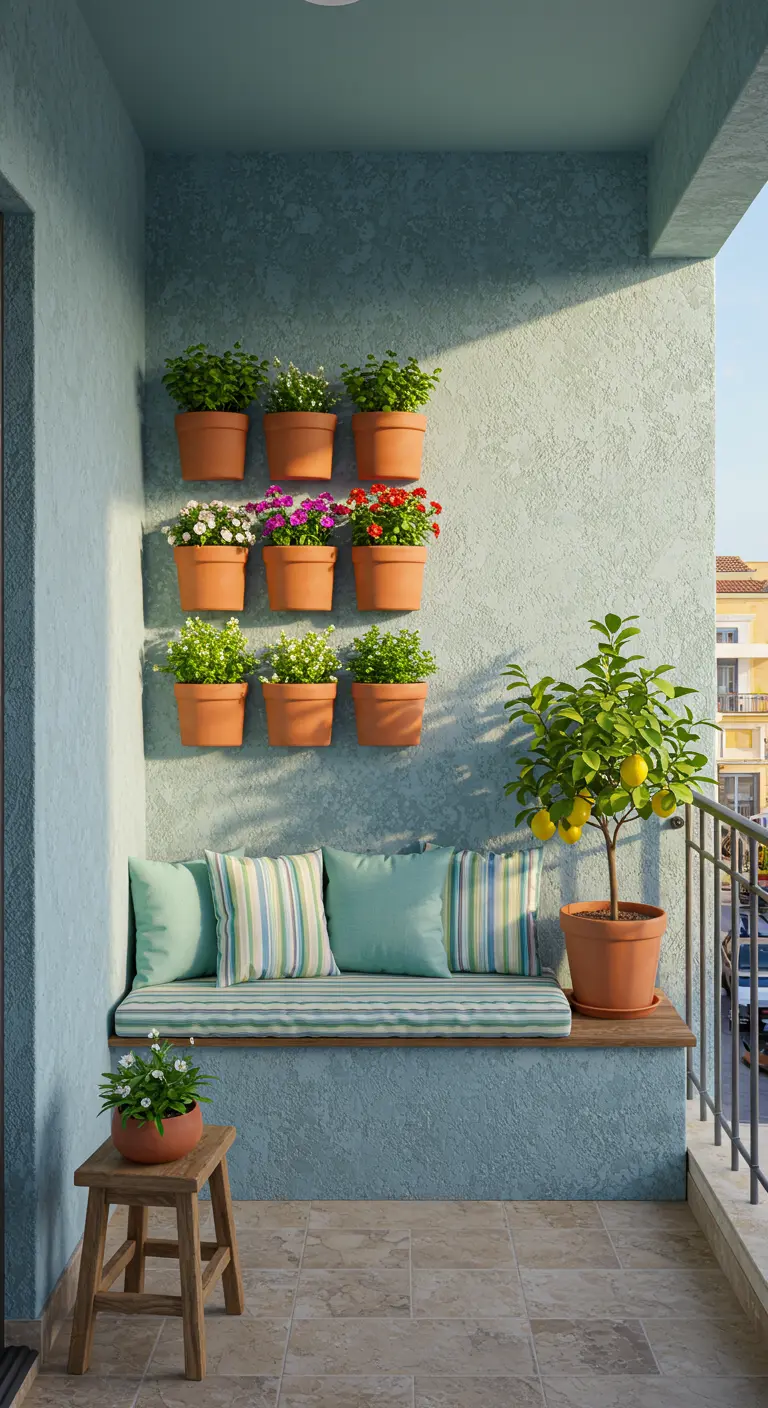 Balcon moderne avec banc intégré, coussins pastel, mur de pots fleuris et citronnier.