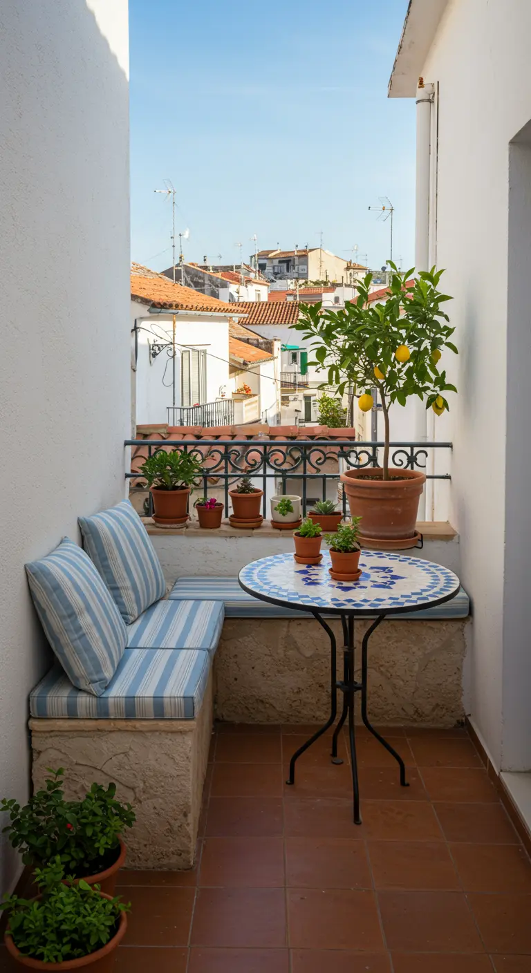 Petit balcon avec banc intégré, coussins rayés, table en mosaïque et citronnier en pot.
