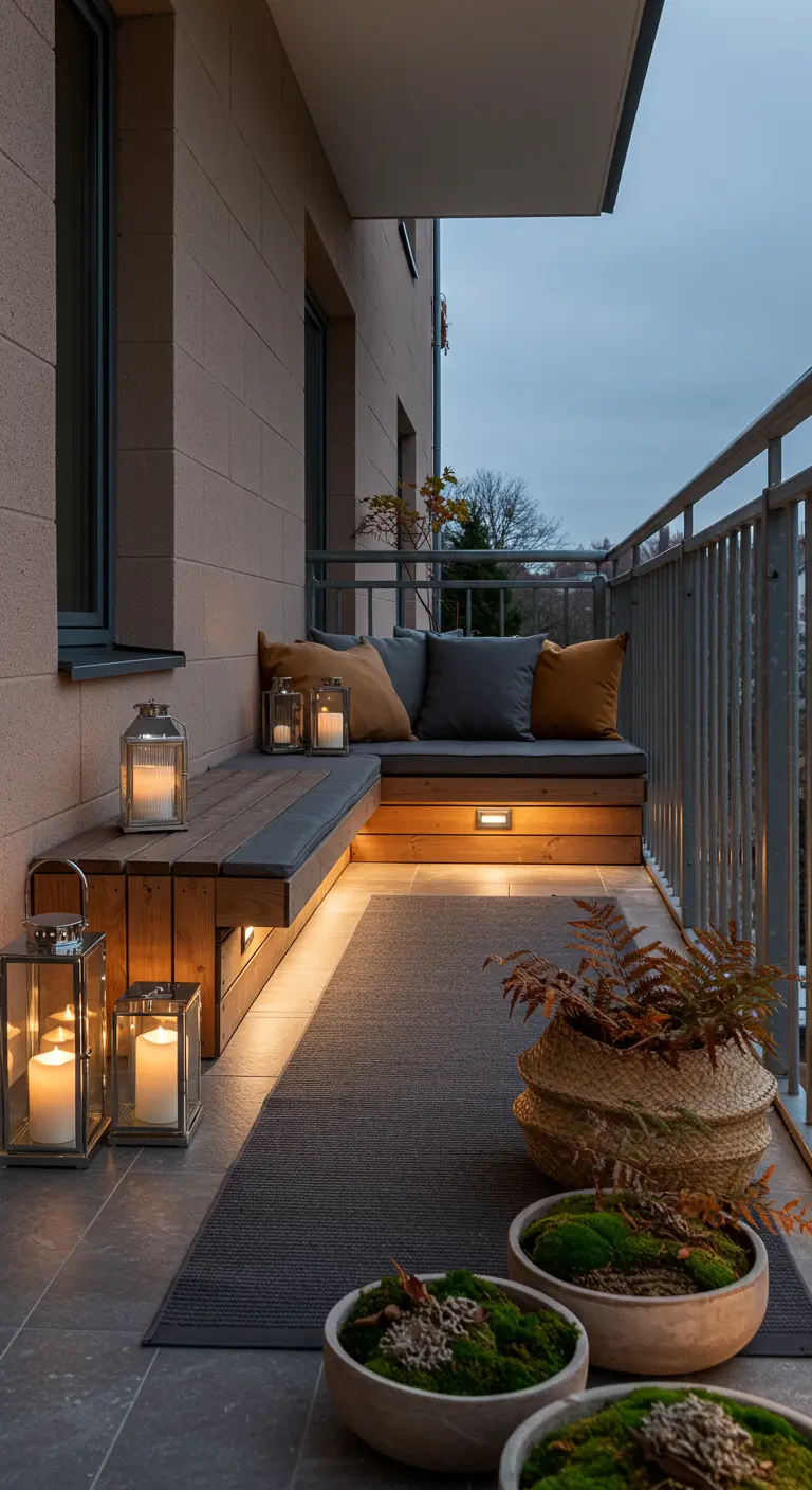 Balcon avec banc en bois intégré, éclairage LED, lanternes de sol et bols de mousse.