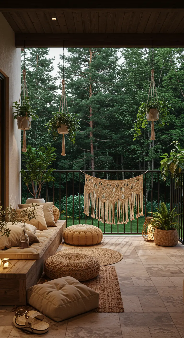 Balcon avec banc suspendu, poufs en jute, tapis rond et plantes vertes luxuriantes.
