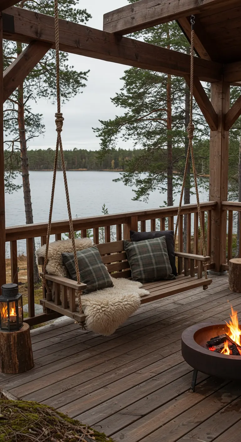 Un banc suspendu en bois avec peaux de mouton et coussins, à côté d'un brasero, vue sur un lac.