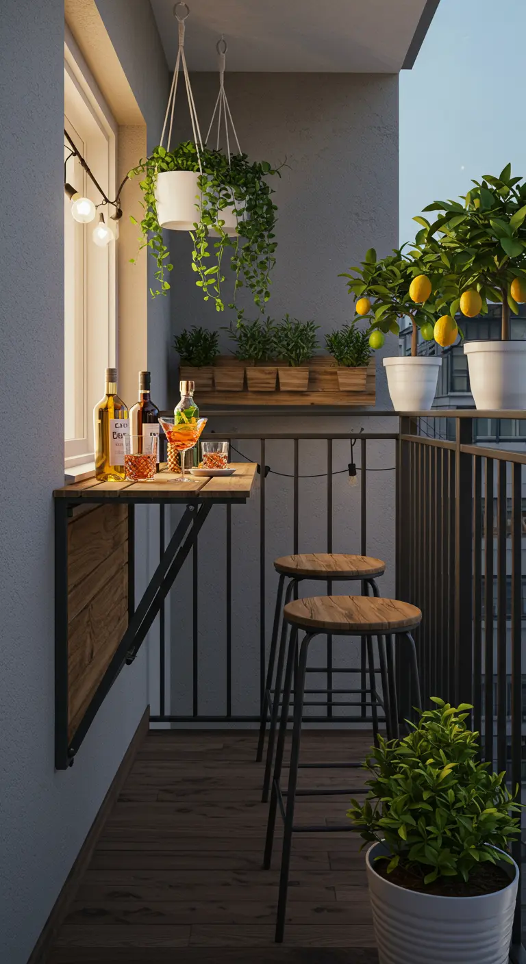 Balcon avec comptoir mural pliant en bois, tabourets hauts, citronniers en pots blancs et guirlandes lumineuses.