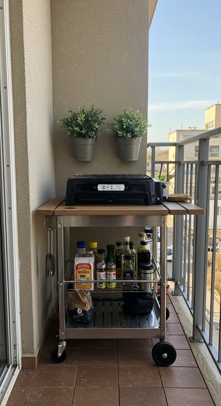 Balcon avec un chariot de barbecue compact et des pots de plantes suspendus.