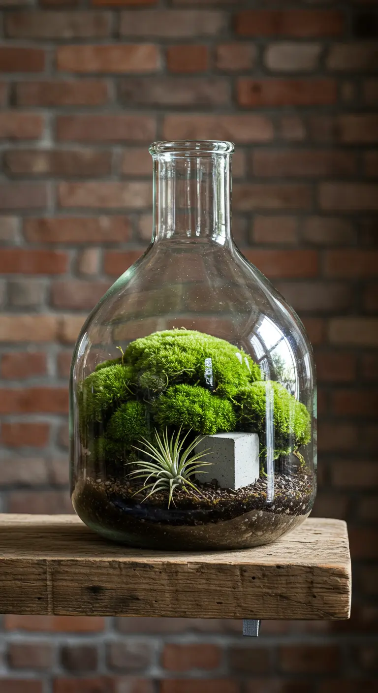 Terrarium dans un bocal de laboratoire avec mousse, Tillandsia et un petit bloc de béton.