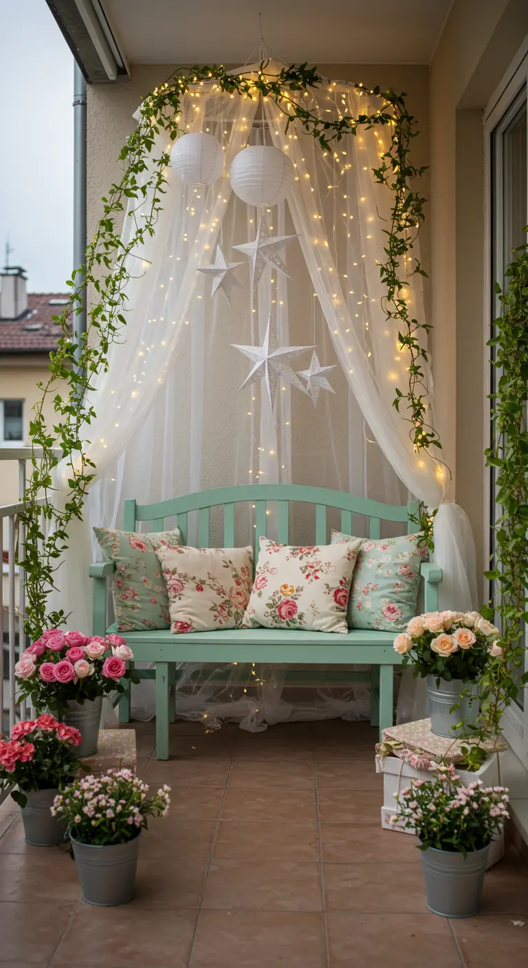 Balcon féerique avec banquette turquoise, voilage lumineux, étoiles suspendues et roses en pots.