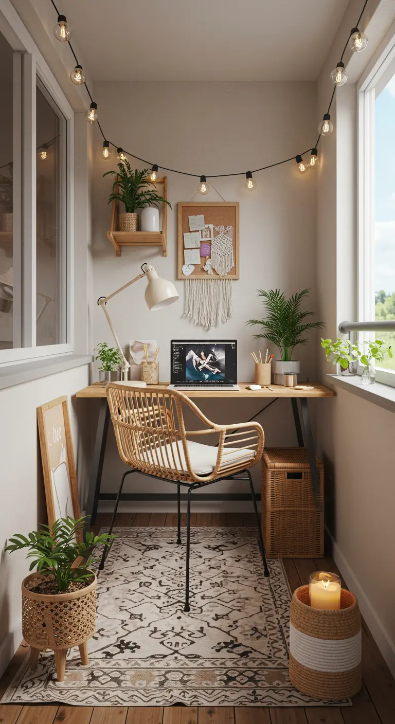 Bureau extérieur sur balcon avec table, chaise en rotin, plantes et guirlandes lumineuses.