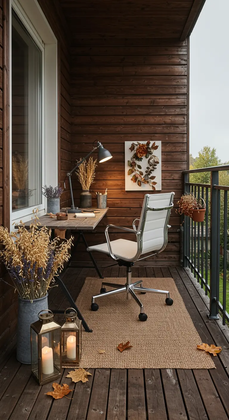 Balcon aménagé en bureau avec table, chaise, blé séché, lavande et lanternes.