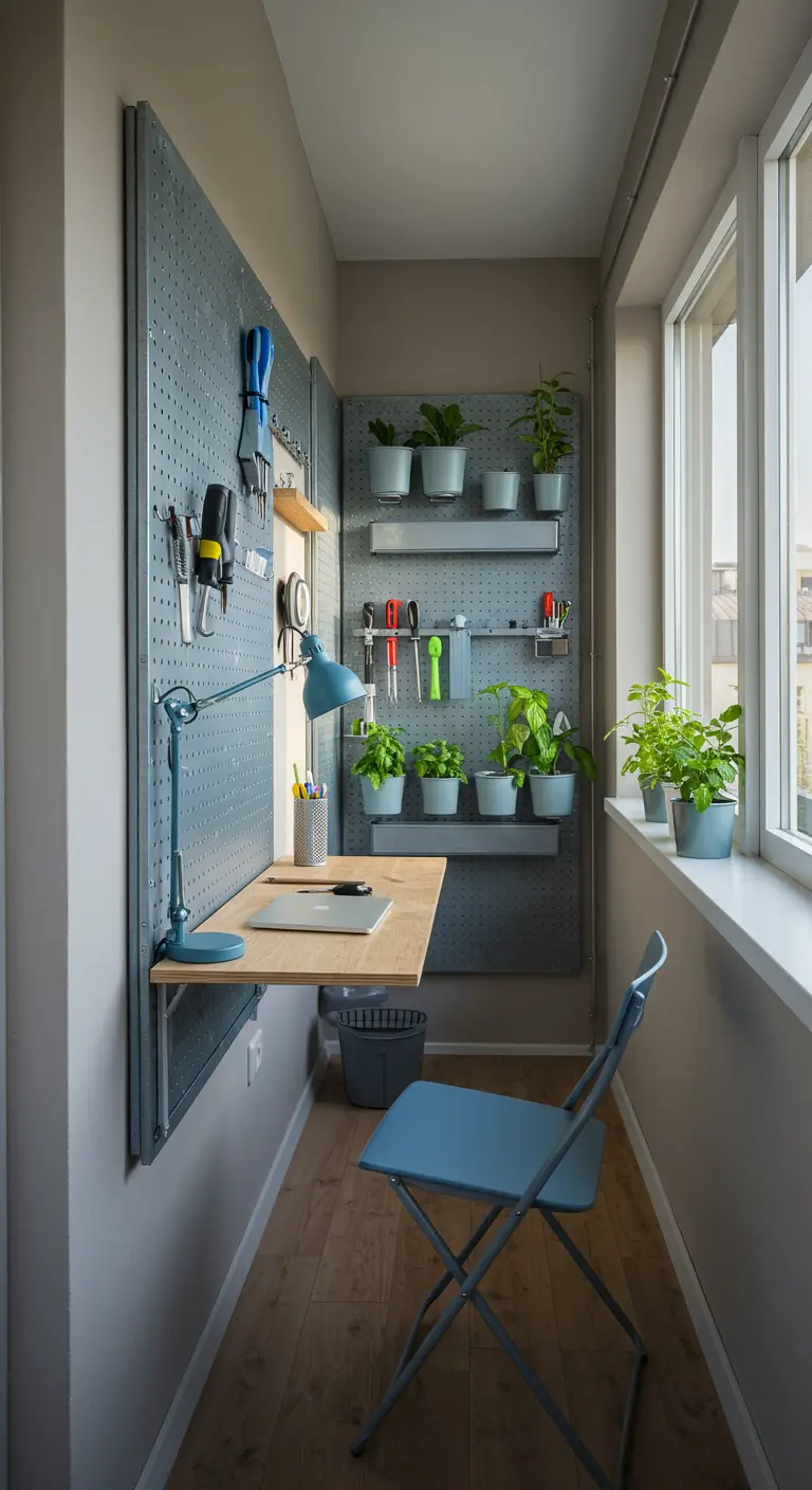 Petit balcon transformé en bureau avec tableau perforé, bureau pliable et chaise.