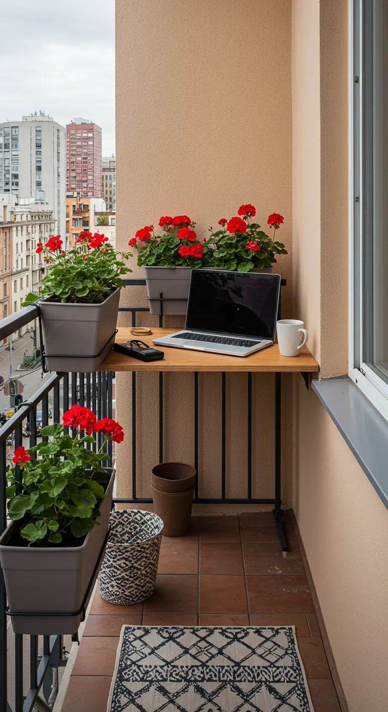 Balcon avec table pliante murale, jardinières suspendues et un ordinateur portable.