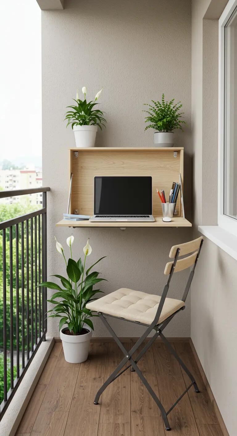 Balcon minimaliste avec bureau pliant mural, ordinateur portable, plantes en pots blancs et chaise pliante.