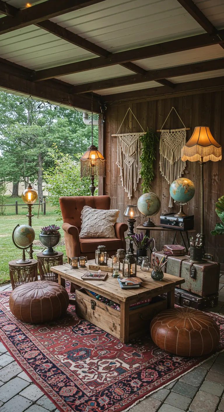 Terrasse sous pergola avec fauteuil vintage, tapis persan, globes et malles décoratives.