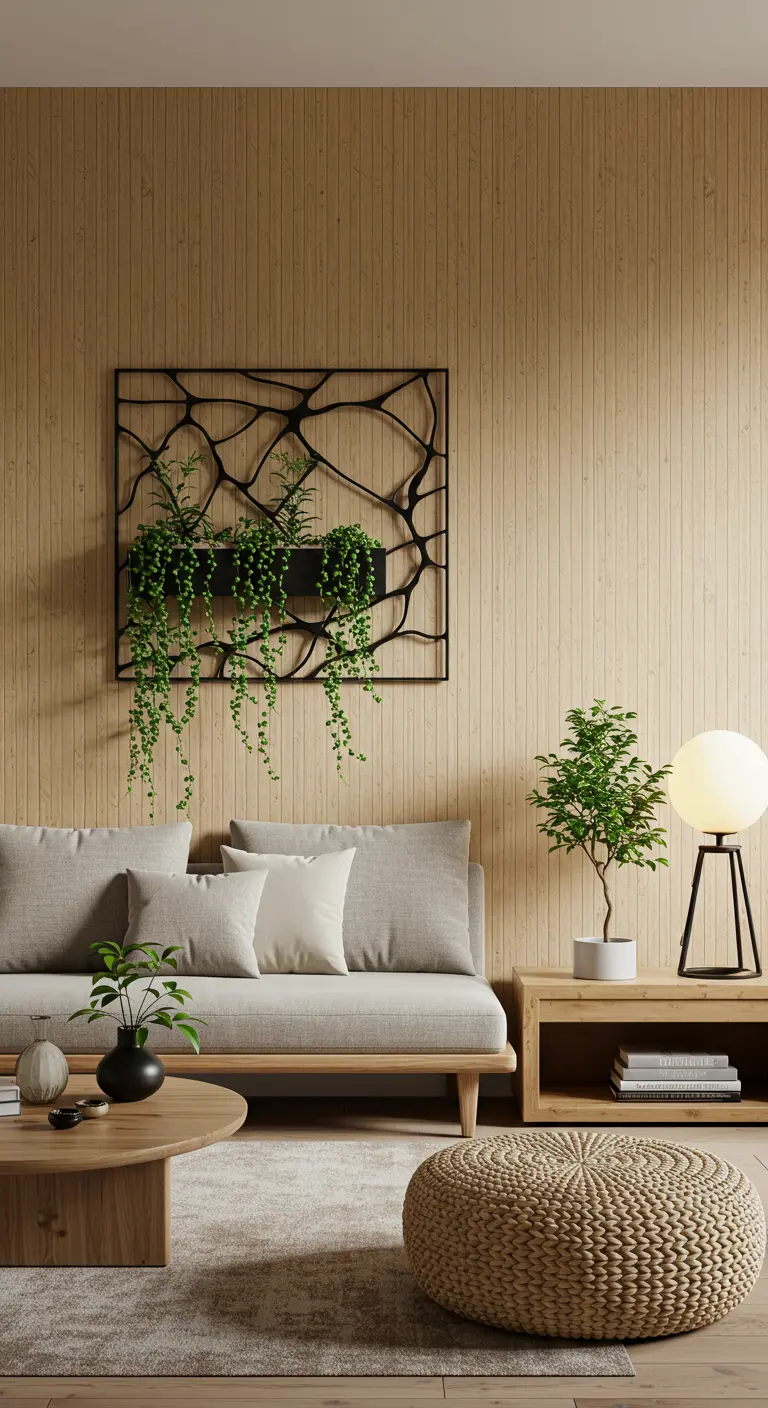 Cadre mural métallique abstrait noir avec jardinière et plantes retombantes, ambiance épurée.