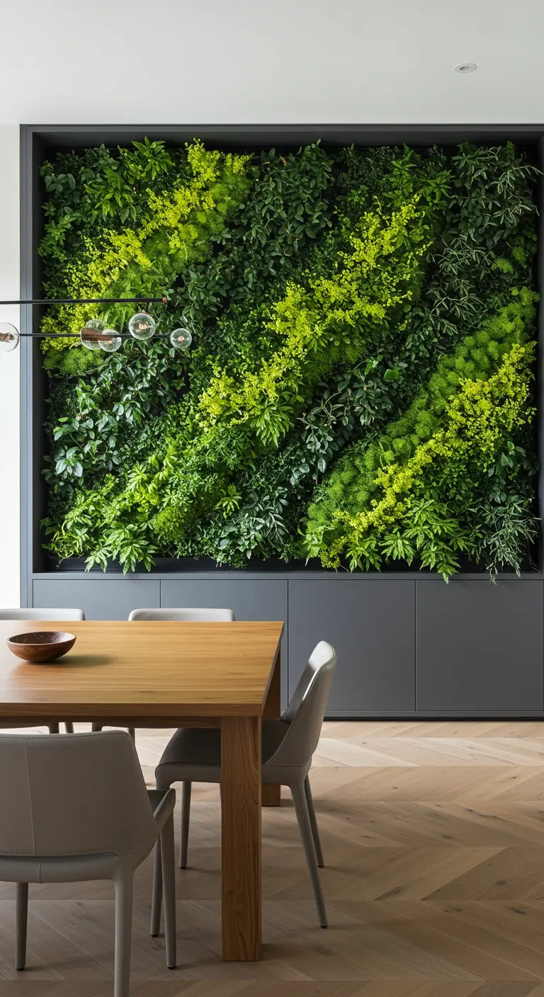 Mur végétal intérieur encadré dans une salle à manger, avec des accents de plantes vert clair lumineuses.