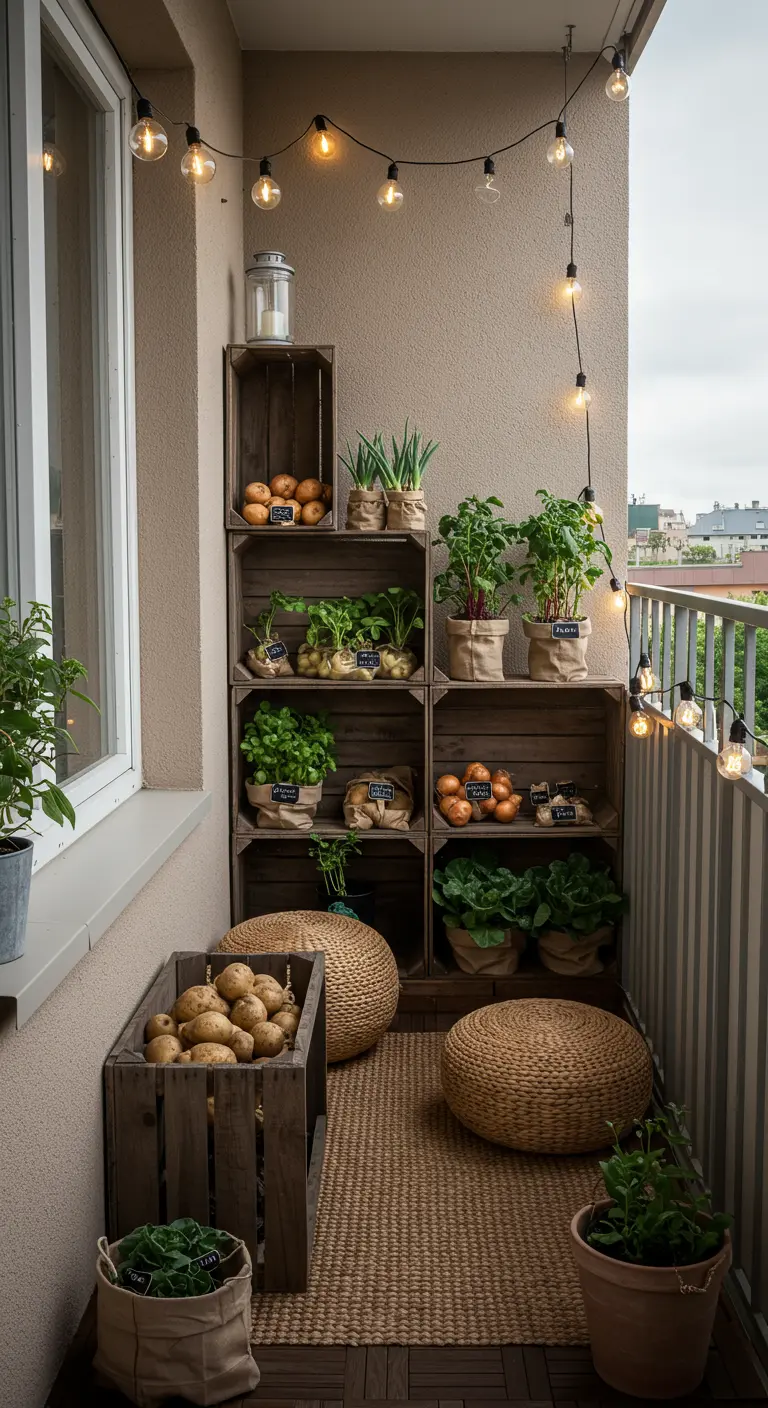 Balcon avec étagères de caisses en bois, légumes et herbes en sacs, poufs tressés et guirlande
