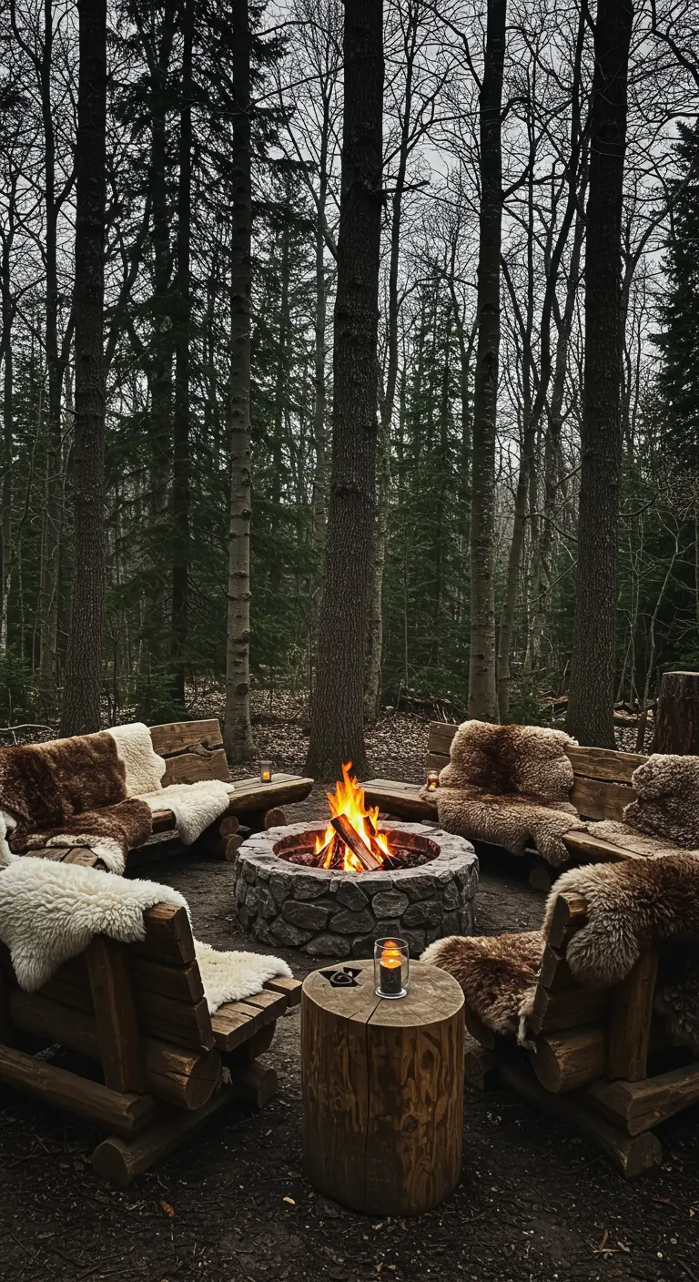 Coin feu en forêt avec brasero en pierre, bancs en bois avec fourrure, rondins de bois et bougies.