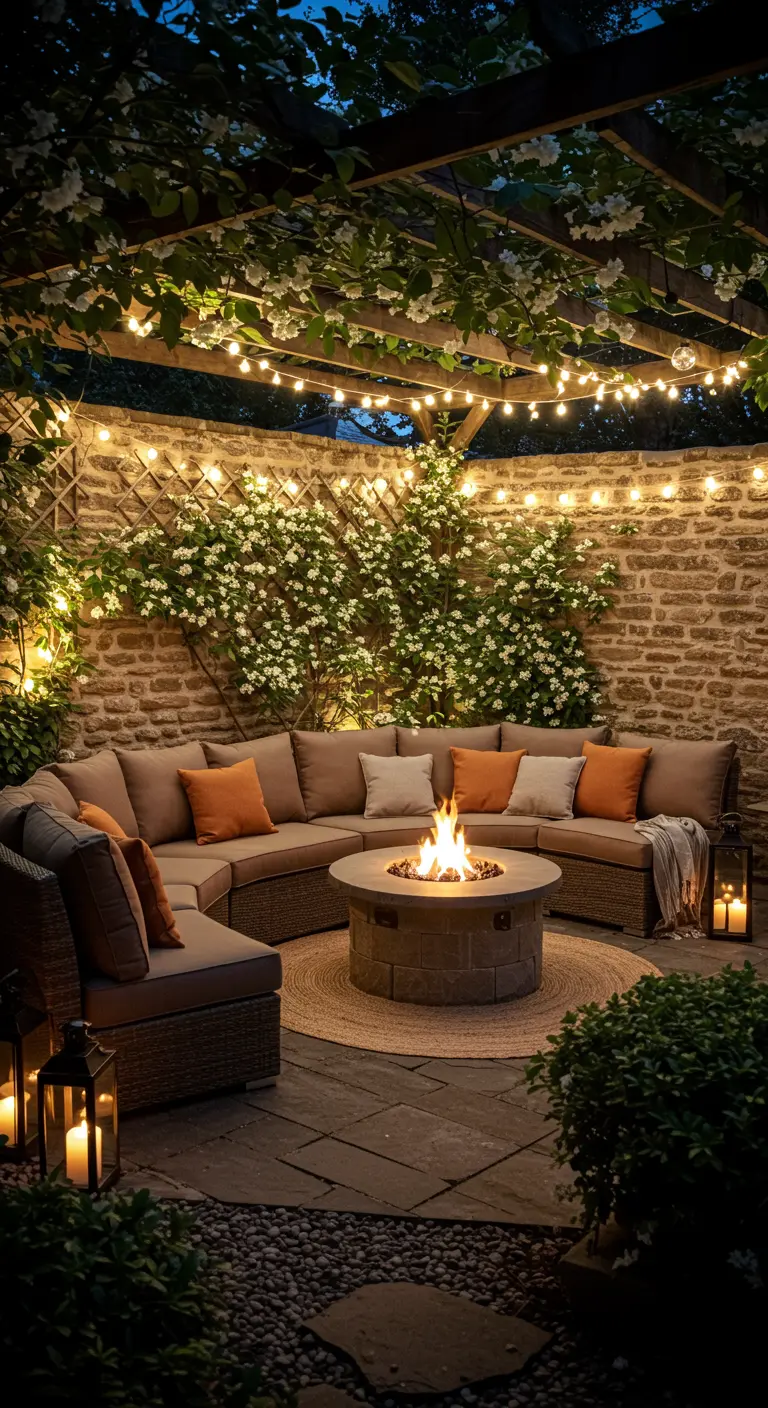 Salon d'extérieur cosy sous une pergola fleurie avec guirlandes lumineuses et foyer central.