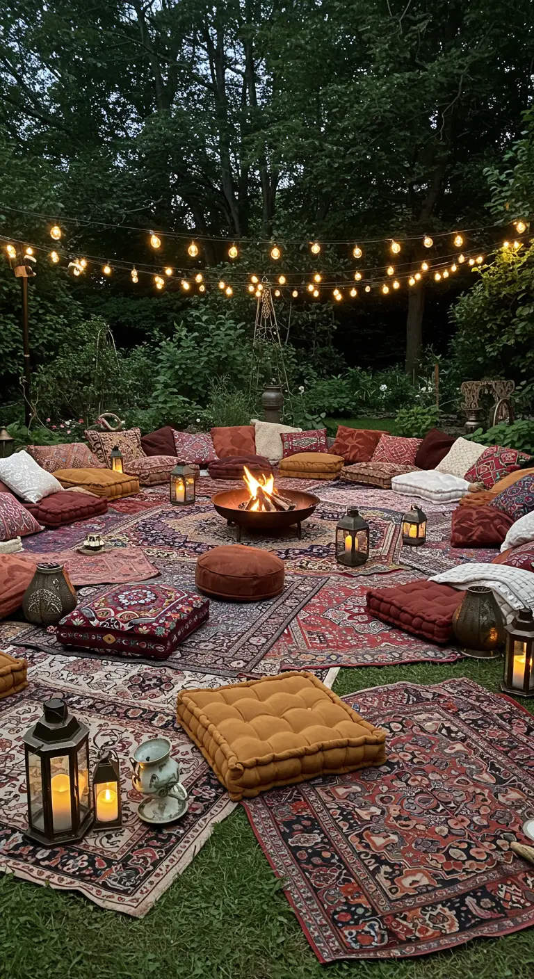 Coin feu extérieur avec brasero, tapis circulaires, coussins de sol et guirlandes lumineuses.