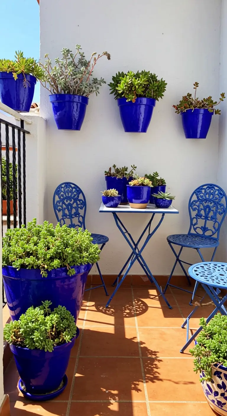 Petit balcon décoré de pots bleus vifs et de plantes grasses, avec des chaises assorties.