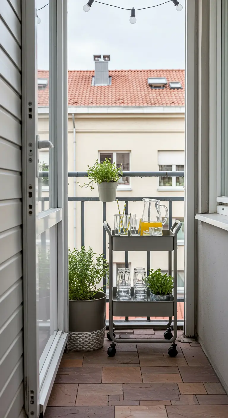 Étroit balcon avec un chariot de bar à roulettes et des plantes en pot.