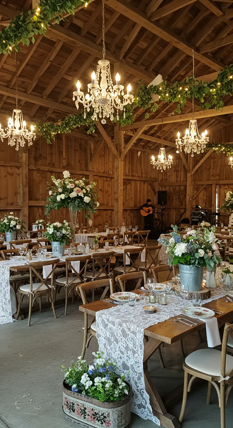 Granges décorée avec tables en bois, chemins de table en dentelle, lustres, grandes compositions florales.