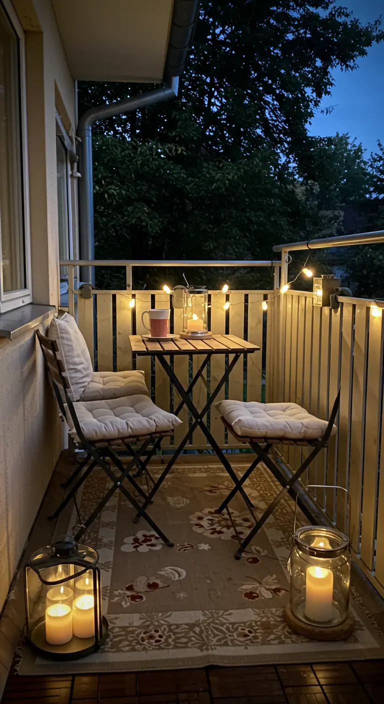 Petit balcon avec ensemble bistrot, guirlande lumineuse et lanternes.