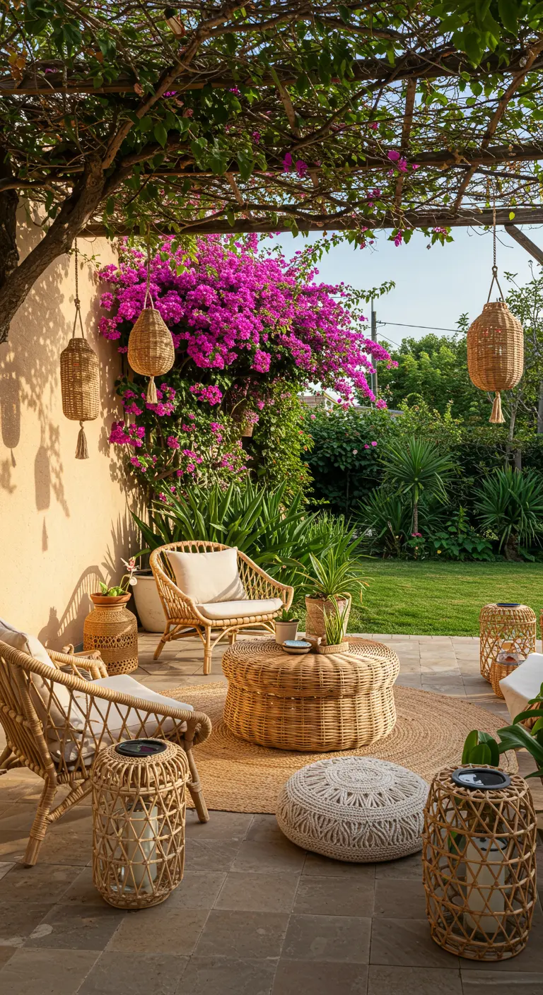 Patio bohème avec mobilier en rotin, tapis de jute et bougainvillée rose éclatante sur un mur.