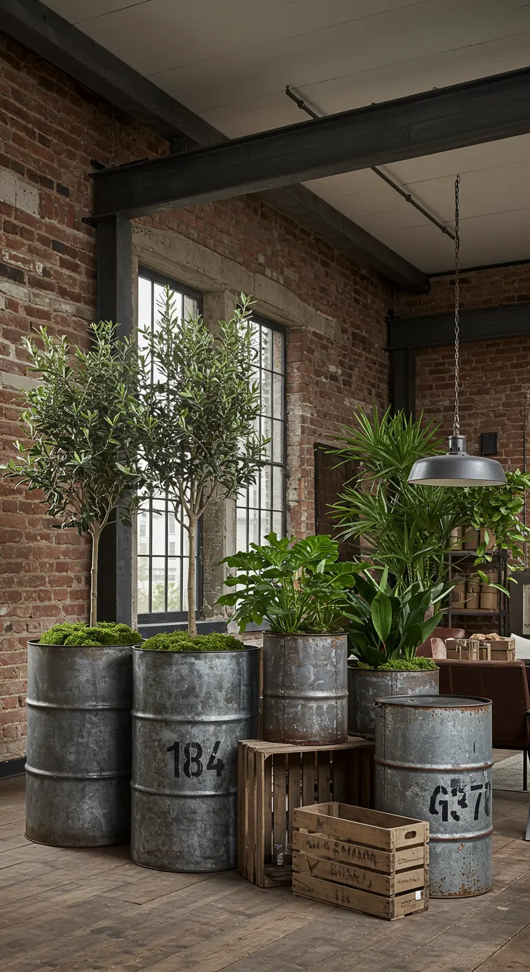 Grands fûts métalliques patinés, utilisés comme jardinières pour des oliviers et des plantes d'intérieur, dans un intérieur de style loft.