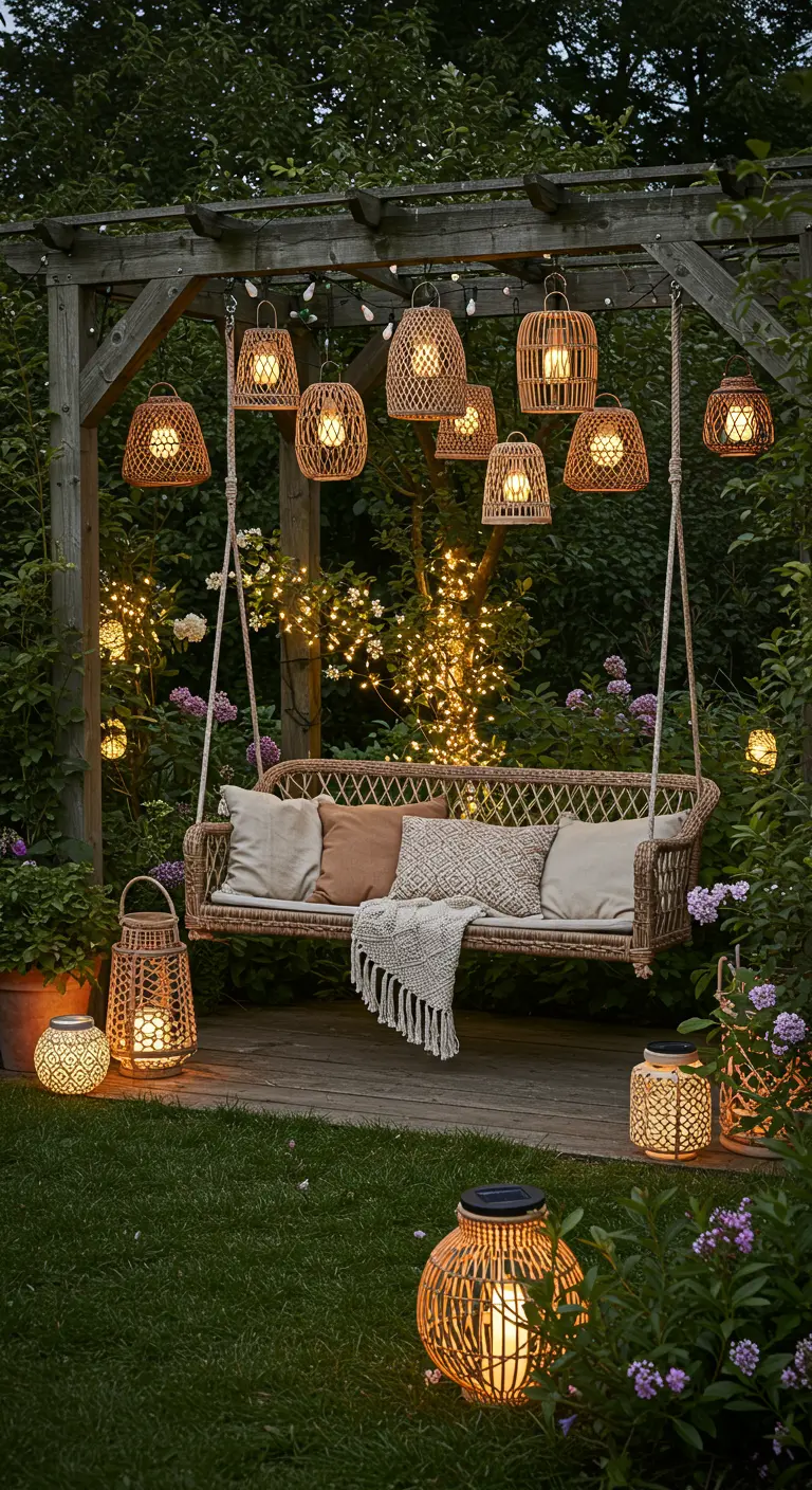 Balançoire de jardin sous un portique en bois orné de lanternes en rotin et guirlandes lumineuses.