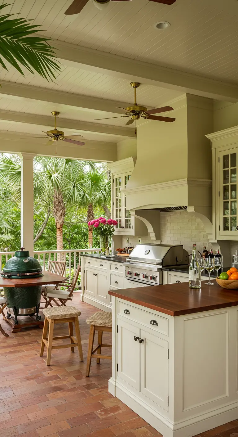 Cuisine extérieure de style coloniale sur une véranda, avec armoires claires, barbecue Kamado et plantes tropicales.