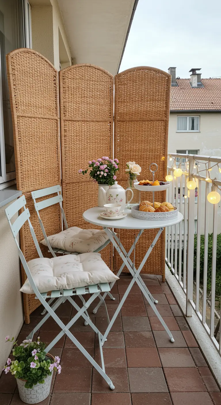 Petit balcon charmant avec un paravent en rotin, une table et deux chaises blanches, et un service à thé.