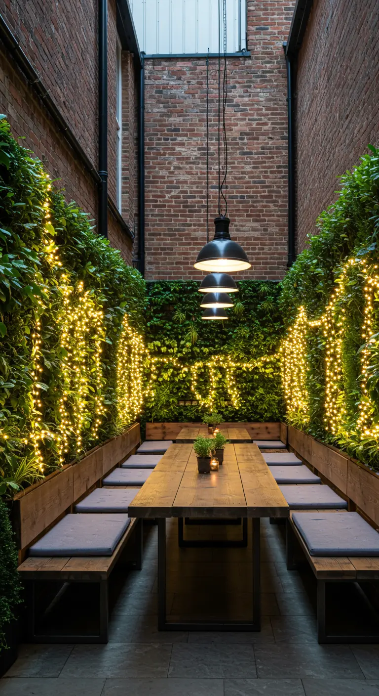 Cour intérieure étroite avec murs végétalisés, guirlandes lumineuses, suspensions et table en bois.