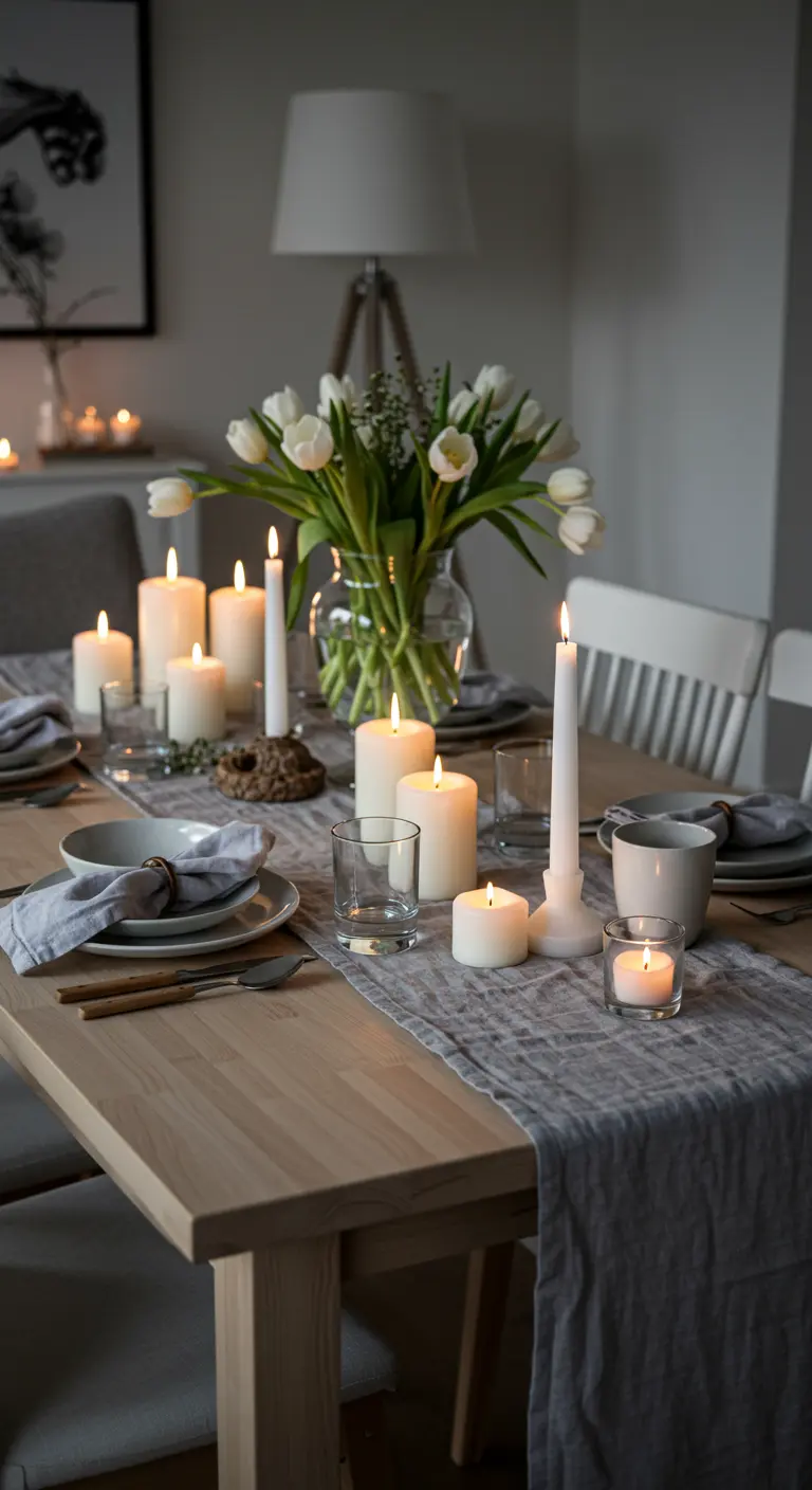 Table scandinave épurée avec un bouquet de tulipes blanches et une variété de bougies blanches.