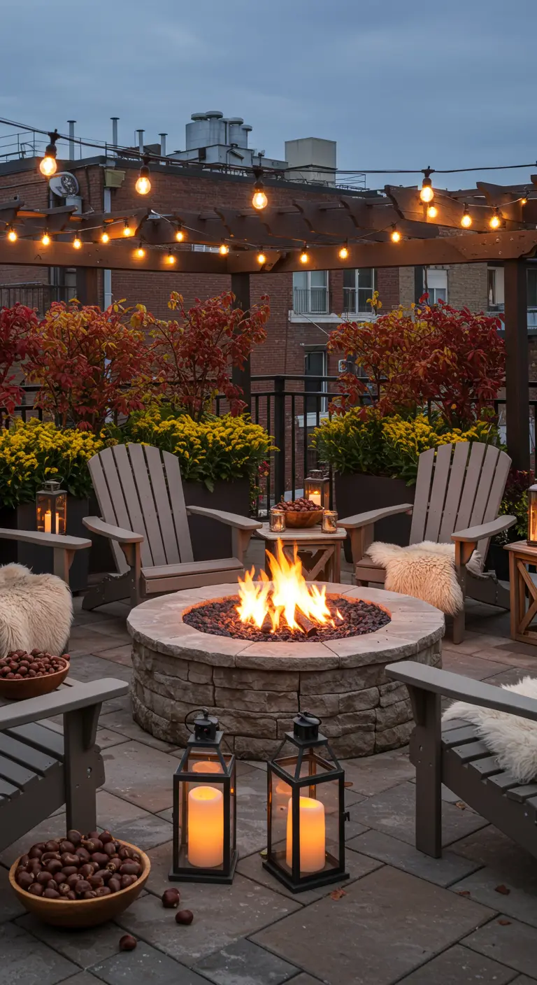 Patio avec foyer extérieur en pierre, chaises en bois, lanternes et plantes d'automne.