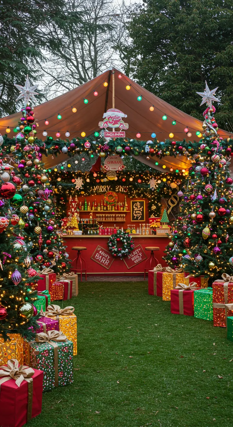 Kiosque de marché de Noël avec bar, sapins multicolores, cadeaux et guirlandes lumineuses.