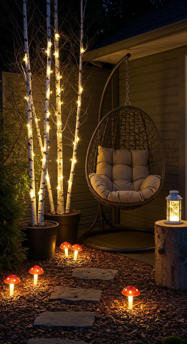Coin jardin enchanté avec bouleaux illuminés de guirlandes et champignons lumineux au sol.